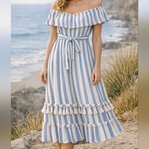 Alter’d State Cottagecore Striped Ruffle Maxi Dress Size Medium Blue White